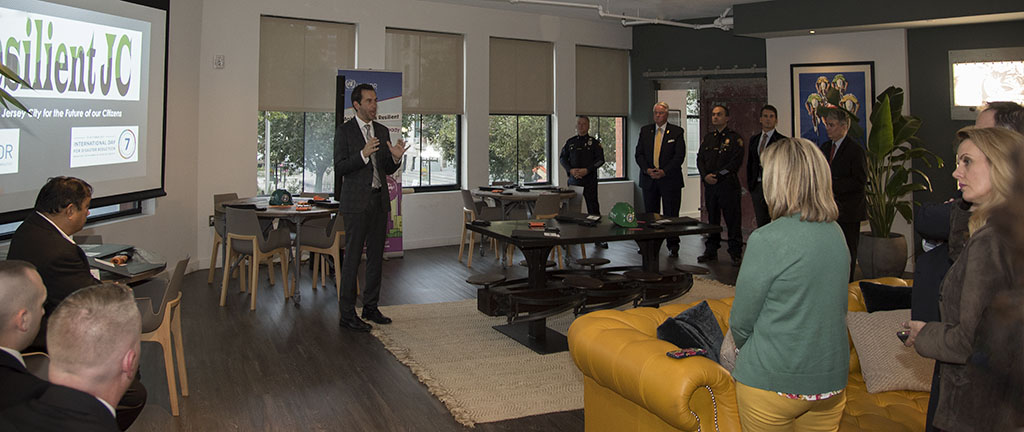 Jersey City Mayor Steve Fulop speaks at the launch of Resilient JC. RJC logo design by Alina Oswald. Photo by Alina Oswald. All Rights Reserved.
