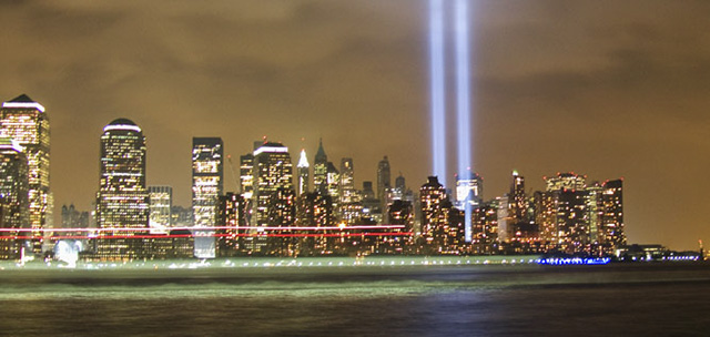 Lower Manhattan skyline and Tribute in Light photographed from Jersey City waterfront on Sep 11, 2007. Photo by Alina Oswald. All Rights Reserved.