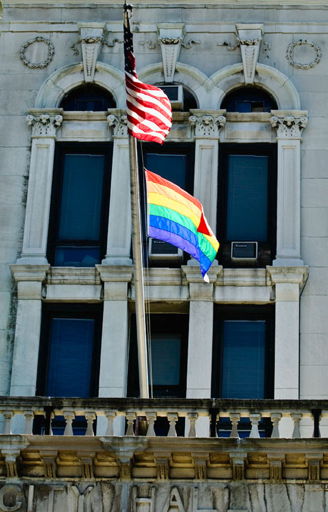 JC Pride: Rainbow flag at JC City Hall. Photo by Alina Oswald. All Rights Reserved.