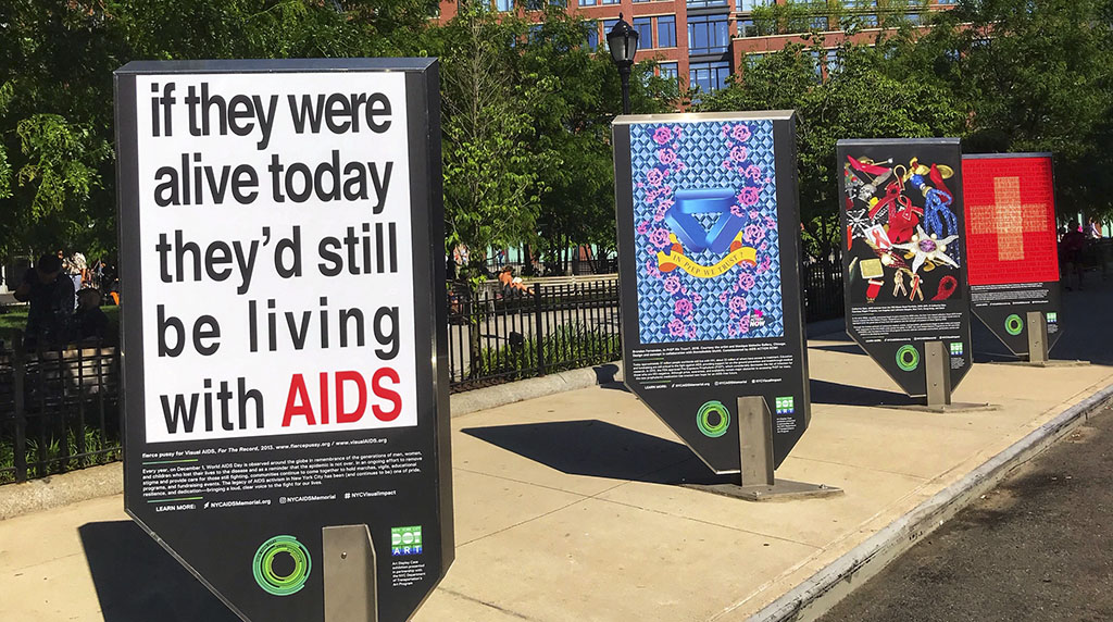 Visual Impact: On Art, AIDS, and Activism, a public art installation displaying eight symbolic AIDS activist artworks, including my favorites, Undetectable and in particular Silence = Death. Photo by Alina Oswald.