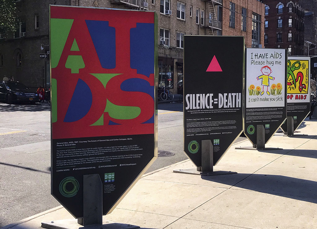 Visual Impact: On Art, AIDS, and Activism, a public art installation displaying eight symbolic AIDS activist artworks, including my favorites, Undetectable and in particular Silence = Death. Photo by Alina Oswald.