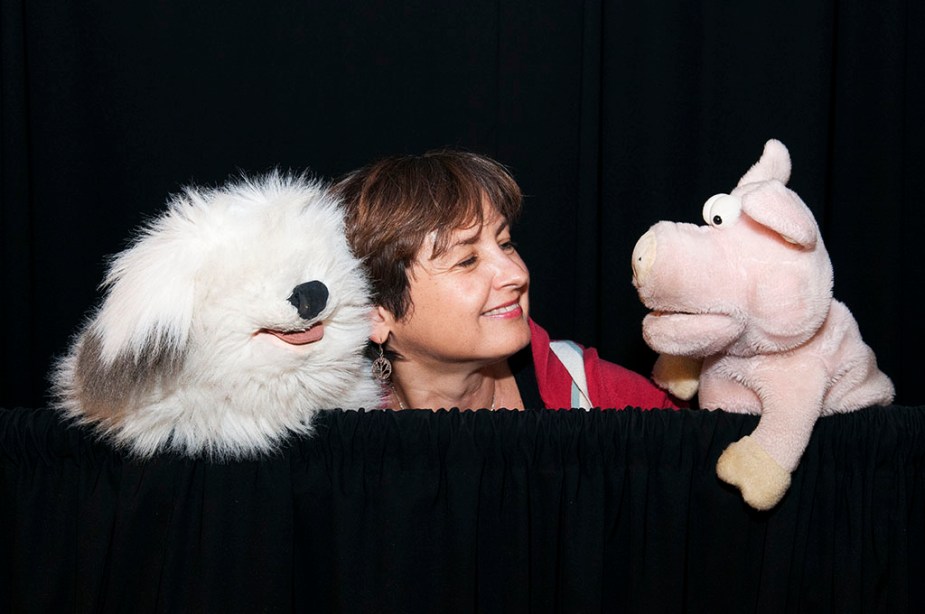 Carmen Rusu and the puppets getting ready for Puppetonia show at Symposia Bookstore. Photo ©2015 by Alina Oswald. Symposia bookstore. Hoboken, NJ. www.symposia.us