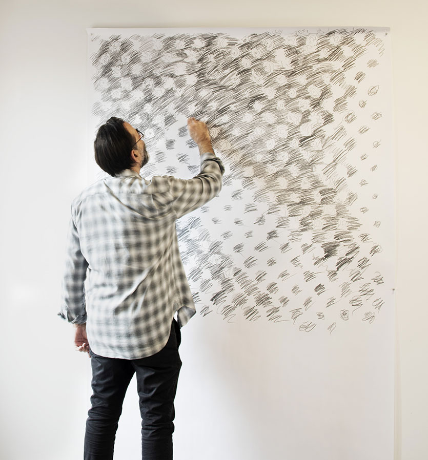 Avram Finkelstein in his artist studio at Pioneer Works, in Brooklyn, NY, working on a sketch for his work commissioned by The Shed for its opening exhibition. Photographed exclusively for A&U Magazine.