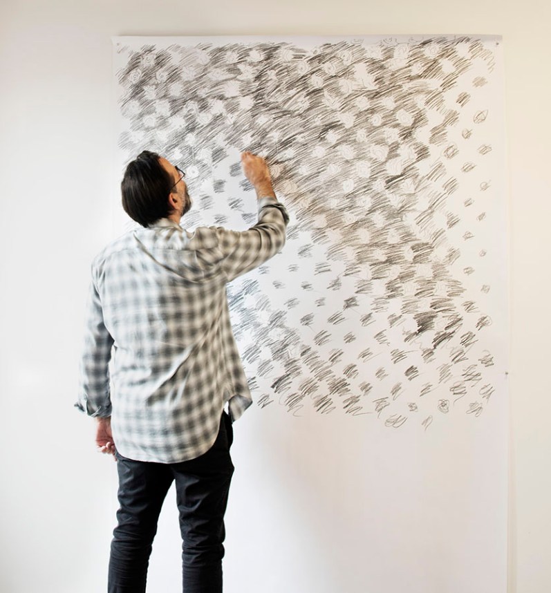 Avram Finkelstein in his artist studio at Pioneer Works, in Brooklyn, NY, working on a sketch for his work commissioned by The Shed for its opening exhibition. Photographed exclusively for A&U Magazine.