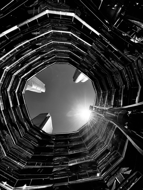The NYC sky from within the Vessel. #b&w #shotoninphone ©Alina Oswald.