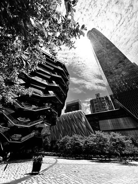 The Hudson Yards - the Vessel and the Shed - in black and white. ©Alina Oswald.
